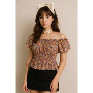 B+Vestry Floral Smocked Peplum Top | Coquette Y2K Puff Sleeve Crop Blouse